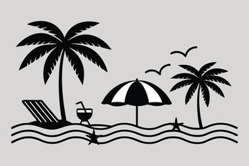 Summer Beach Scene with Palms - Nature Landscape Vector Illustration