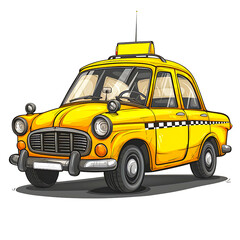 Obraz premium Cartoon illustration of a classic yellow taxi with a checkered stripe isolated on transparency PNG background, featuring a vintage car design .