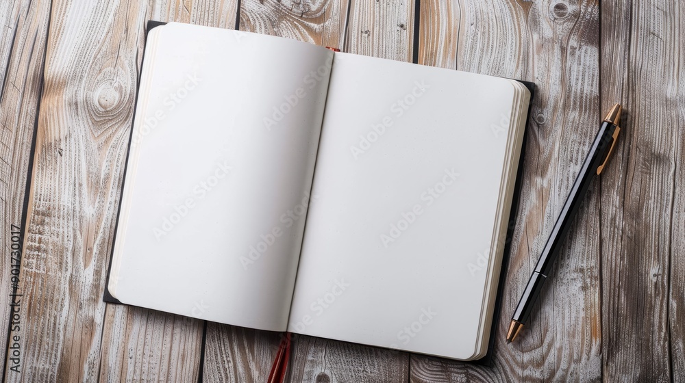Poster blank notebook and pen on rustic table. capture ideas with this styled image of an empty notebook an