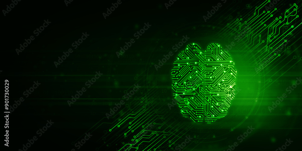 Poster 2d illustration concept of thinking, background with brain, abstract artificial intelligence. techno