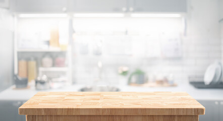 End grain wood counter table top on blur white minimal kitchen background.
