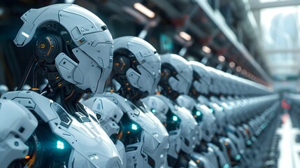 Fototapeta premium Futuristic Cityscape with Robotic Workforce Powering Advanced Automation and AI-Driven Productivity