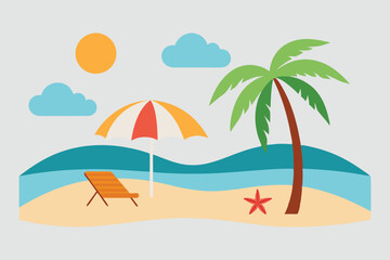 Summer Beach Scene with Palms - Nature Landscape Vector Illustration