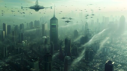 Futuristic Cityscape with Sophisticated Drone Surveillance and Security Systems Monitoring Urban Environment