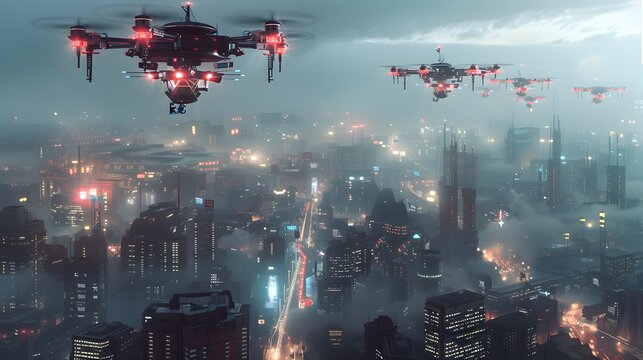 Futuristic Cityscape with Advanced Drone Surveillance Monitoring Urban Environment Security