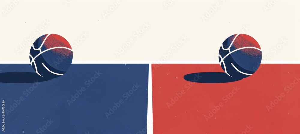 Poster two basketballs on the court in navy blue and red colors, in a minimalistic style with simple shapes