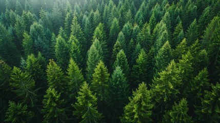 Lush Green Coniferous Forest in Early Morning Light Overlooking Vibrant Pine Trees. Generative AI