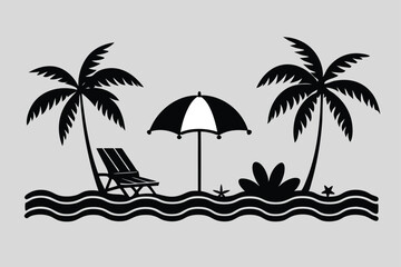 Summer Beach Scene with Palms - Nature Landscape Vector Illustration