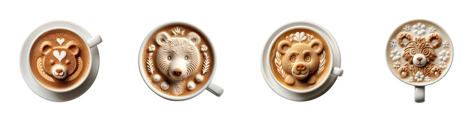 Highly detailed bear face latte art with a cute and intricate design. Captured from a top angle, this realistic foam creation is isolated on a transparent background.