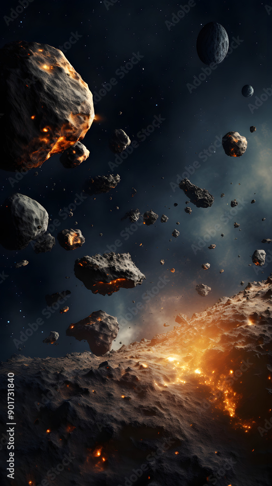Poster a fiery asteroid field in space with a large asteroid in the foreground and many smaller asteroids s