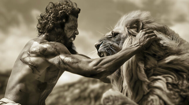 Samson battling a ferocious lion and killing it with his immense strength as if it were a toy. The animal, a lion, against the mighty Samson from the Bible.