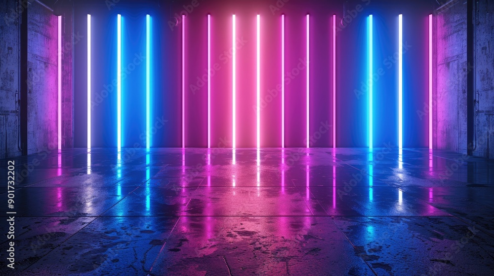 Poster 3d render of glowing neon light bars, blue and violet vertical lines on dark background, modern desi
