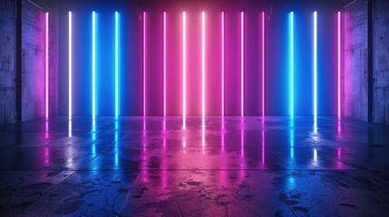 3D render of glowing neon light bars, blue and violet vertical lines on dark background, modern design. Generative AI.