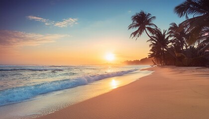 Beautiful sunset wtropical summer beach. panoramic tropical seascape horizon. white sand and blue sea waves, nature background, vacation in paradise concept for tourism, vivid colorful.