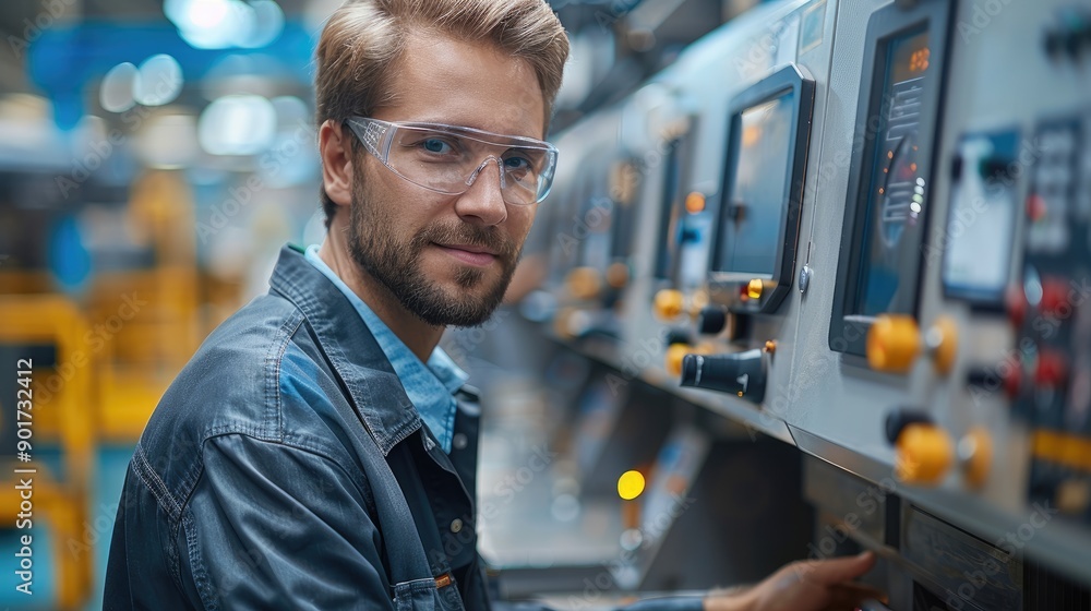 Poster engineer operating the machines, in modern industrial workspace with state-of-the-art machinery and 