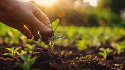 Fototapeta premium Close-up of young plant seedlings sprouting from fertile soil, illuminated by warm sunlight, symbolizing new growth, potential, and the nurturing of young talents