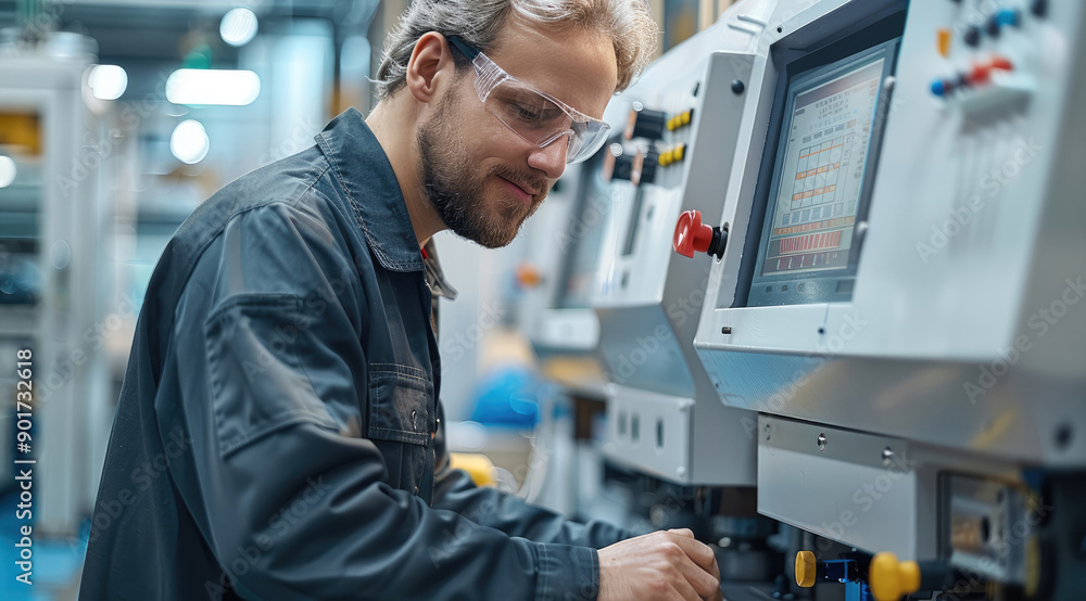 Poster engineer operating the machines, in modern industrial workspace with state-of-the-art machinery and 