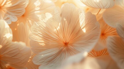 Delicate petals, golden light. An abstract close-up of soft, luminous petals bathed in warm sunlight, evoking purity and tranquility.