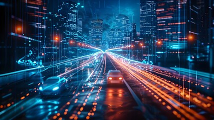 Naklejka premium Futuristic Cityscape with Advanced AI-Powered Traffic Management Systems for Optimized Flow and Reduced Congestion