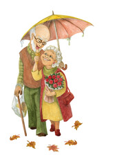 Happy seniors enjoying life walking in the fall rain together. Loving elderly man shelters with umbrella a gray-haired woman, that feeds him ice cream. Active aging concept. Watercolor illustration