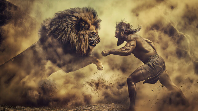 Samson, the strongest man from the Bible, who fought a great lion with his bare hands and killed it.