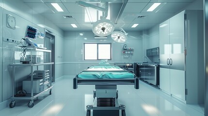 A view of the operating room of a modern hospital. Generative AI.