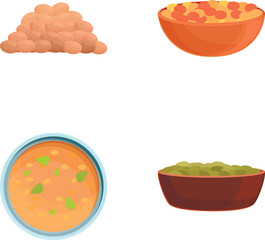 Lentil product icons set cartoon vector. Lentil seed and bowl of soup. Healthy organic food