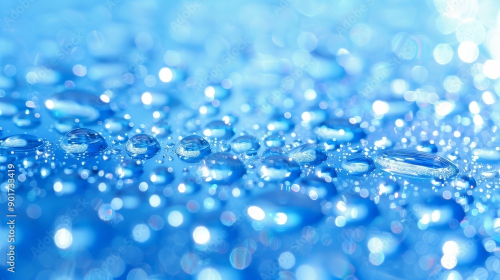 Poster water drops on blue surface. abstract image of clear water droplets on a smooth blue surface, reflec