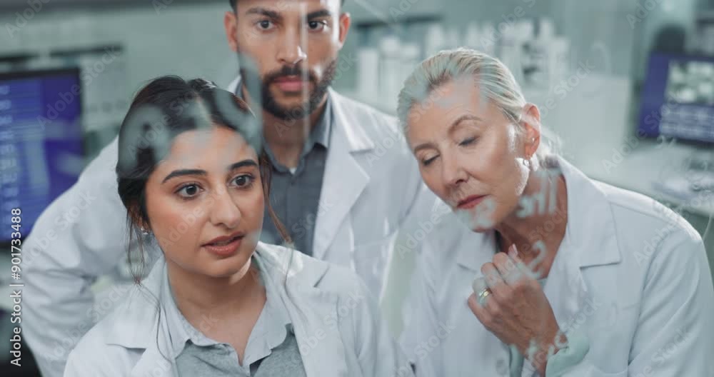 Poster Science, team and discussion with glass in laboratory for tracking experiment progress, planning and research. Scientist, collaboration and equation or formula for prediction, analysis and theory.