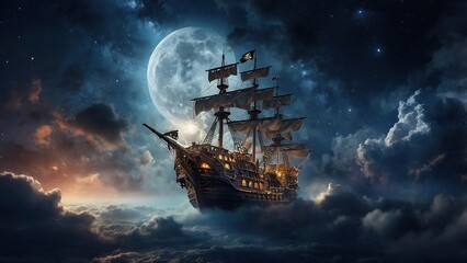 Fototapeta premium An Enchanted Sailing Ship Gliding Through Mystical Clouds Under a Starry Sky at Night