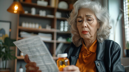 Elderly woman reading detailed instructions on a medication bottle.