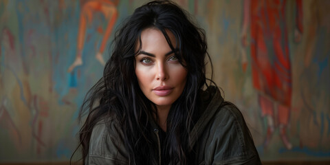 Fototapeta premium Beautiful Woman with Dark Tousled Hair & Artistic Backdrop in Moody Portrait