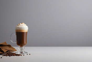 Minimal photorealistic of Irish Coffee , vivid colors, plain solid background