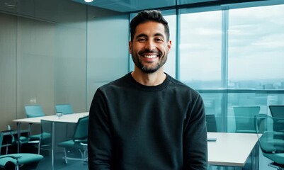 Environmental portrait video of a grinning man in his 40s wearing a comfortable tracksuit against an office or corporate background - Powered by Adobe