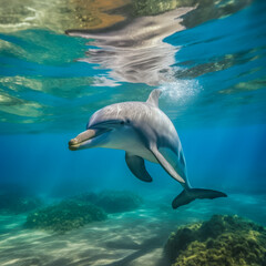 Fototapeta premium Fröhlicher Delphin schwimmt im Meer, Generative AI