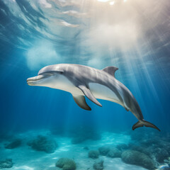 Fototapeta premium Fröhlicher Delphin schwimmt im Meer, Generative AI