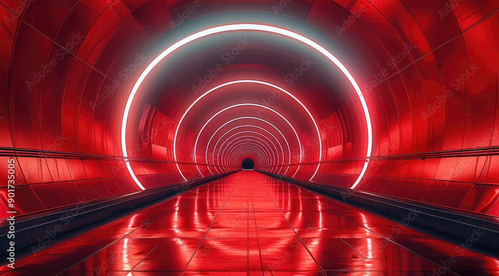 Poster a red tunnel, with a red background and a mirrored ground. the tunnel is symmetrical, with a circula