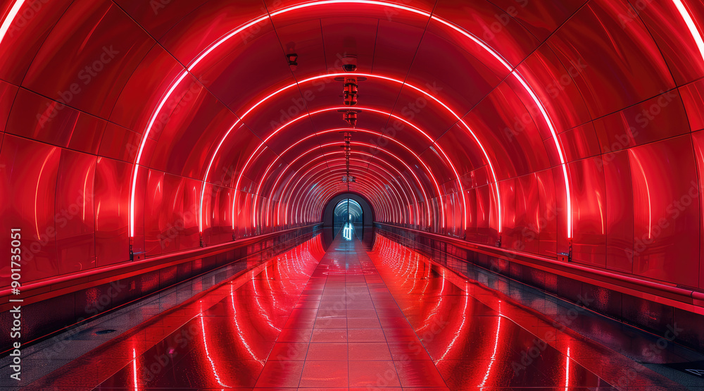 Poster a red tunnel, with a red background and a mirrored ground. the tunnel is symmetrical, with a circula