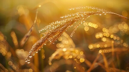 Golden hour dewdrops. A captivating close-up of gleaming water droplets clinging to delicate flora, illuminated by the warm, radiant glow of the setting sun.
