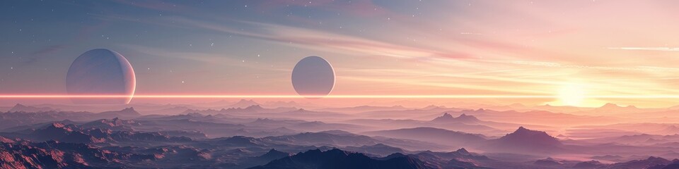 Cosmic Space Landscape with Planet and Stars. Night Sky with Mountains and Moon