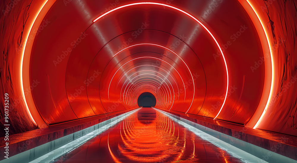 Aufkleber A red tunnel, with a red background and a mirrored ground. The tunnel is symmetrical, with a circular shape at the end of the tunnel. The circular tunnel is reflected on the mirrored ground.