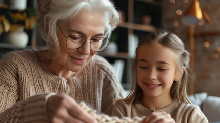 Grandmother teaching her granddaughter to knit, illustrating intergenerational experience transfer.
