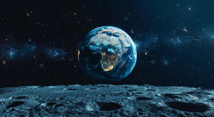 Cosmic Sky with Stars and Clouds. Futuristic Horizon with Celestial Bodies