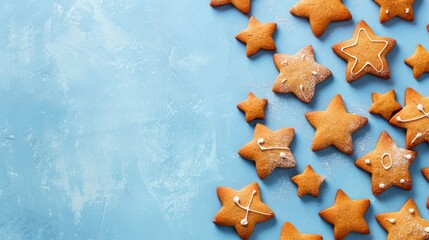 Festive star shaped gingerbread cookies for Christmas and New Year with blue backdrop and space for text