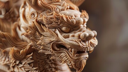 Fototapeta premium Intricately carved wooden mythical creature. A closeup showcasing the artistry of a handcrafted, mythical creature sculpture in wood. The ornate details highlight the craftsmanship.