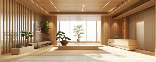 Elegant Japanese office space with natural light and minimalist design featuring indoor plants