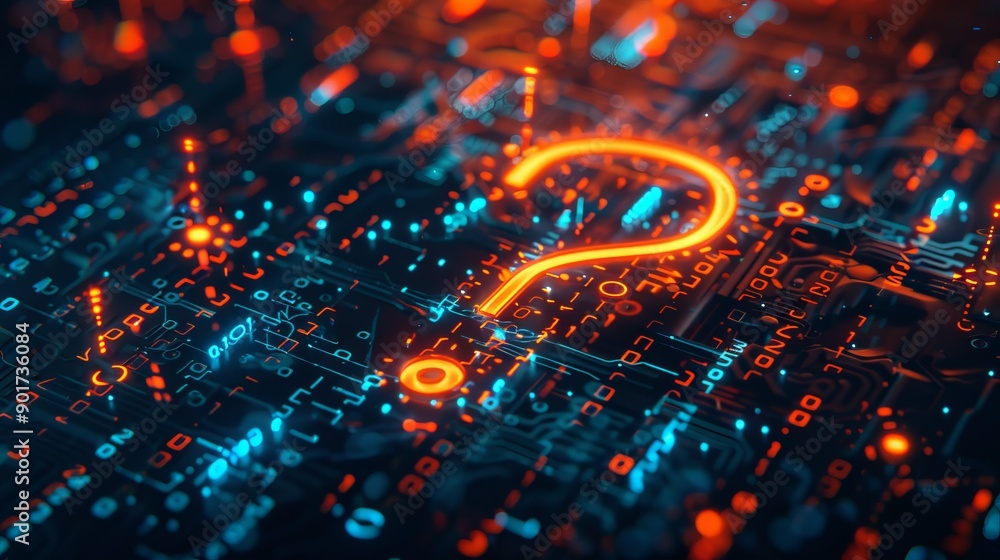 Aufkleber technology enigma. a luminous question mark illuminates a complex circuit board, symbolizing unsolve