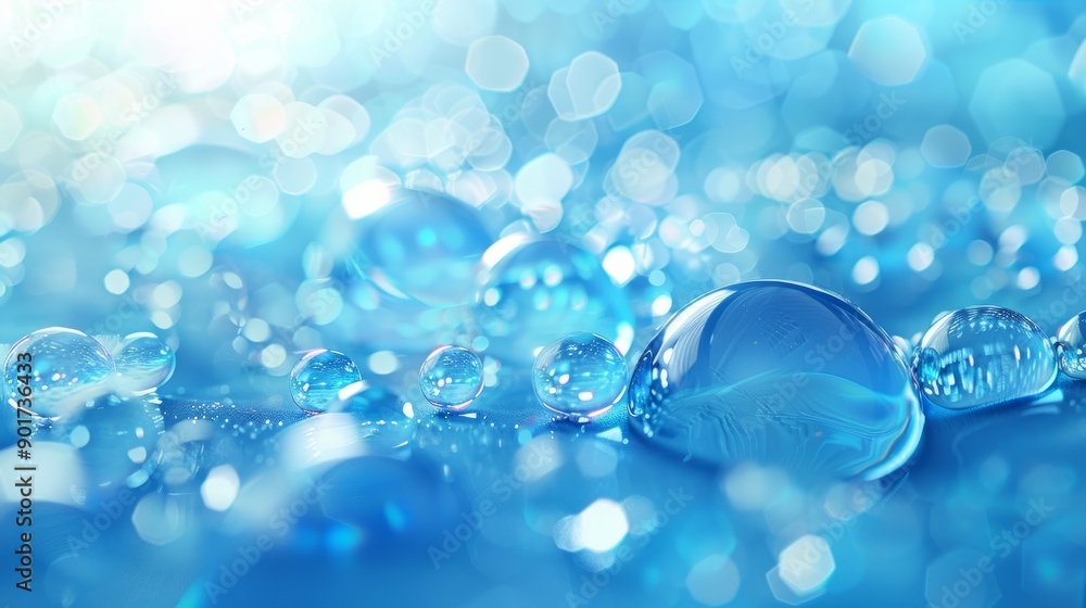 Poster water droplets and bokeh background. sparkly blue abstract background with macro water drops.