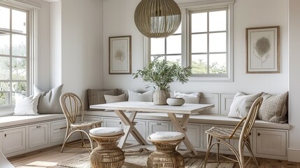 Dining room with a white oak table, rattan chairs and a built in window seat with a light wood frame and dining area, natural lighting. Generative AI.