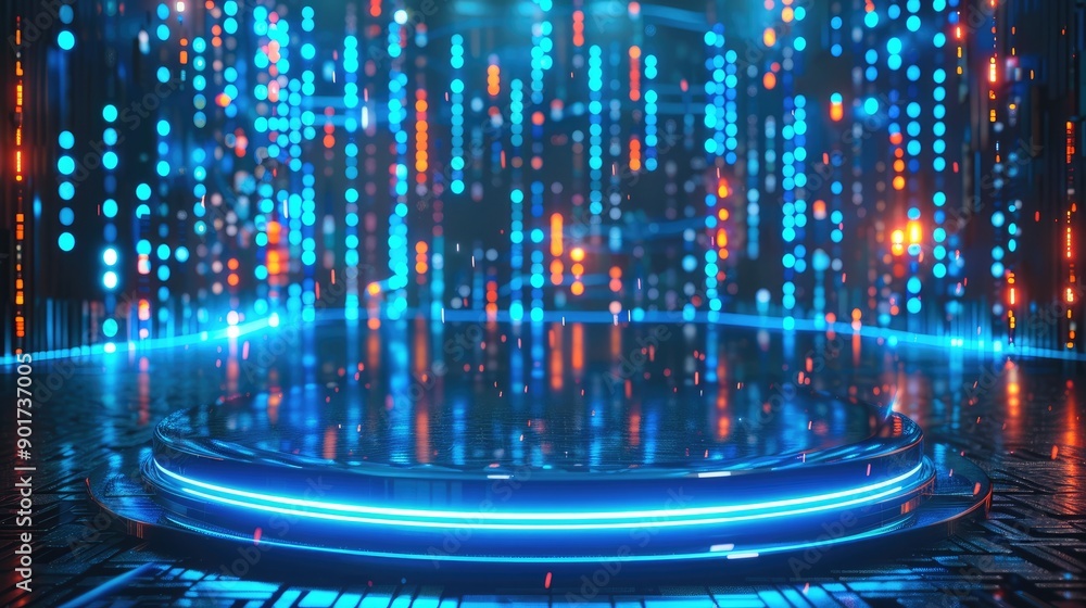 Leinwandbilder 3D rendering of empty podium with blue light in a digital city background. Big data technology and artificial intelligence concept, large round stage with binary code. Generative AI.